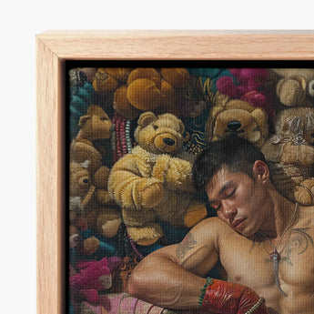 Framed Canvas Print Muscular Man Among Numerous Plush Gaysian Lowbrow Queer, Homosexual Extravagance, Art