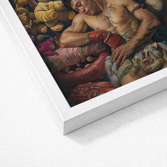 Framed Artwork Tattooed Man Among Colorful Ornate Textiles Gaysian Lowbrow Queer, Homosexual Extravagance, Art