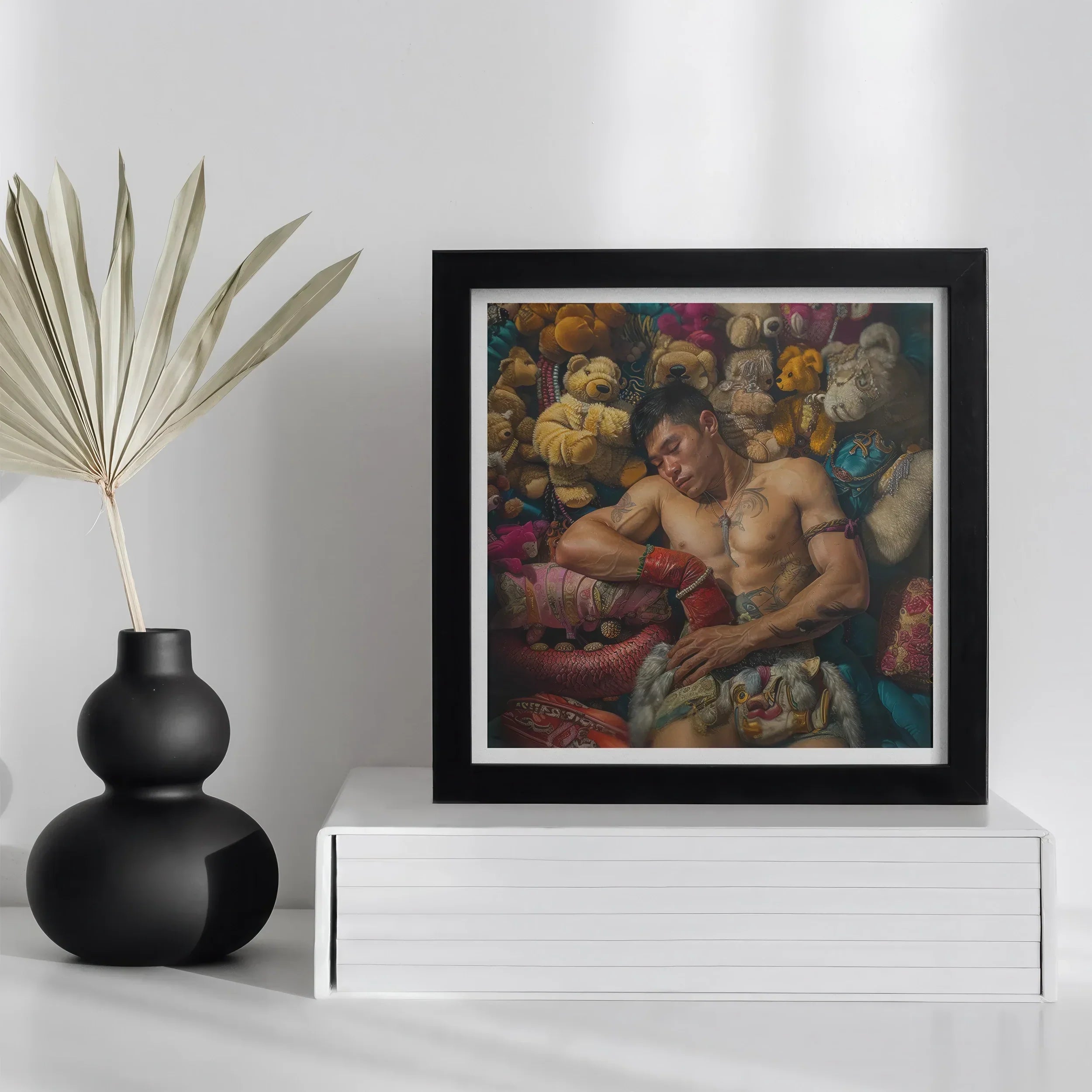 Tuckered out Lowbrow Gaysian Circus Performer Art Print, Framed Artwork Shirtless Man Surrounded Stuffed Animals Colorful