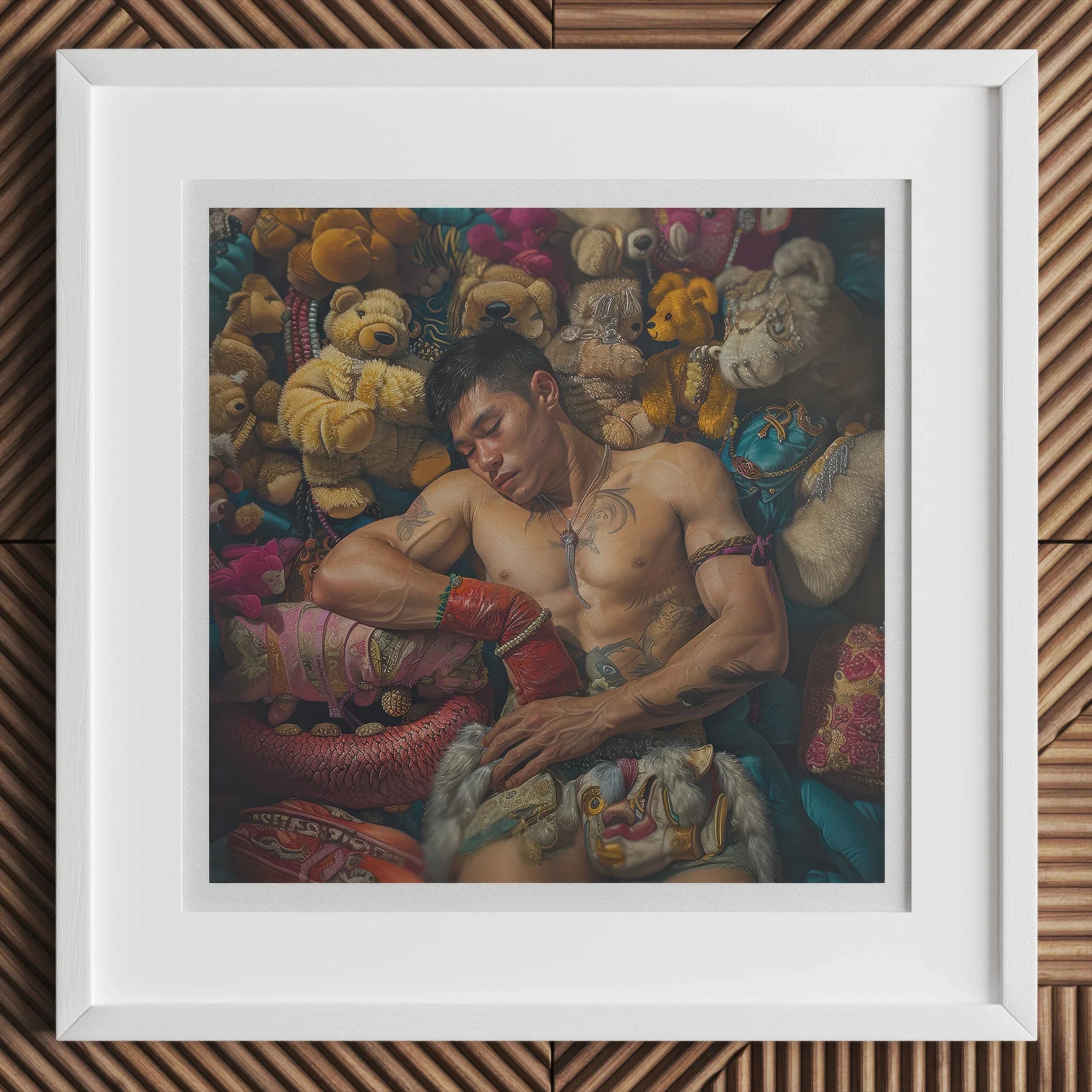 Tuckered out Lowbrow Gaysian Circus Performer Art Print, Framed Photograph Shirtless Muscular Man Among Colorful Stuffed