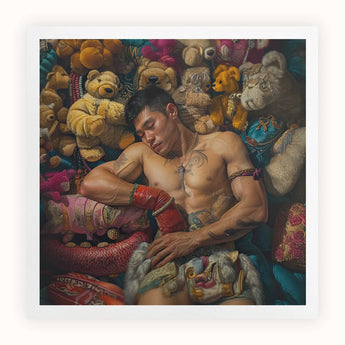 Tuckered out - Lowbrow Gaysian Circus Performer Art Print, Muscular Shirtless Man Surrounded Colorful Stuffed Animals Toys