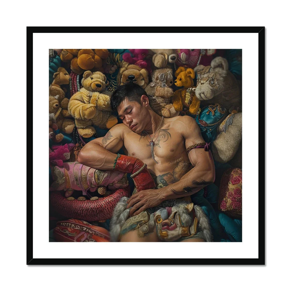 Tuckered out Lowbrow Gaysian Circus Performer Art Print, Shirtless Person Peacefully Among Colorful Stuffed Animals Plush