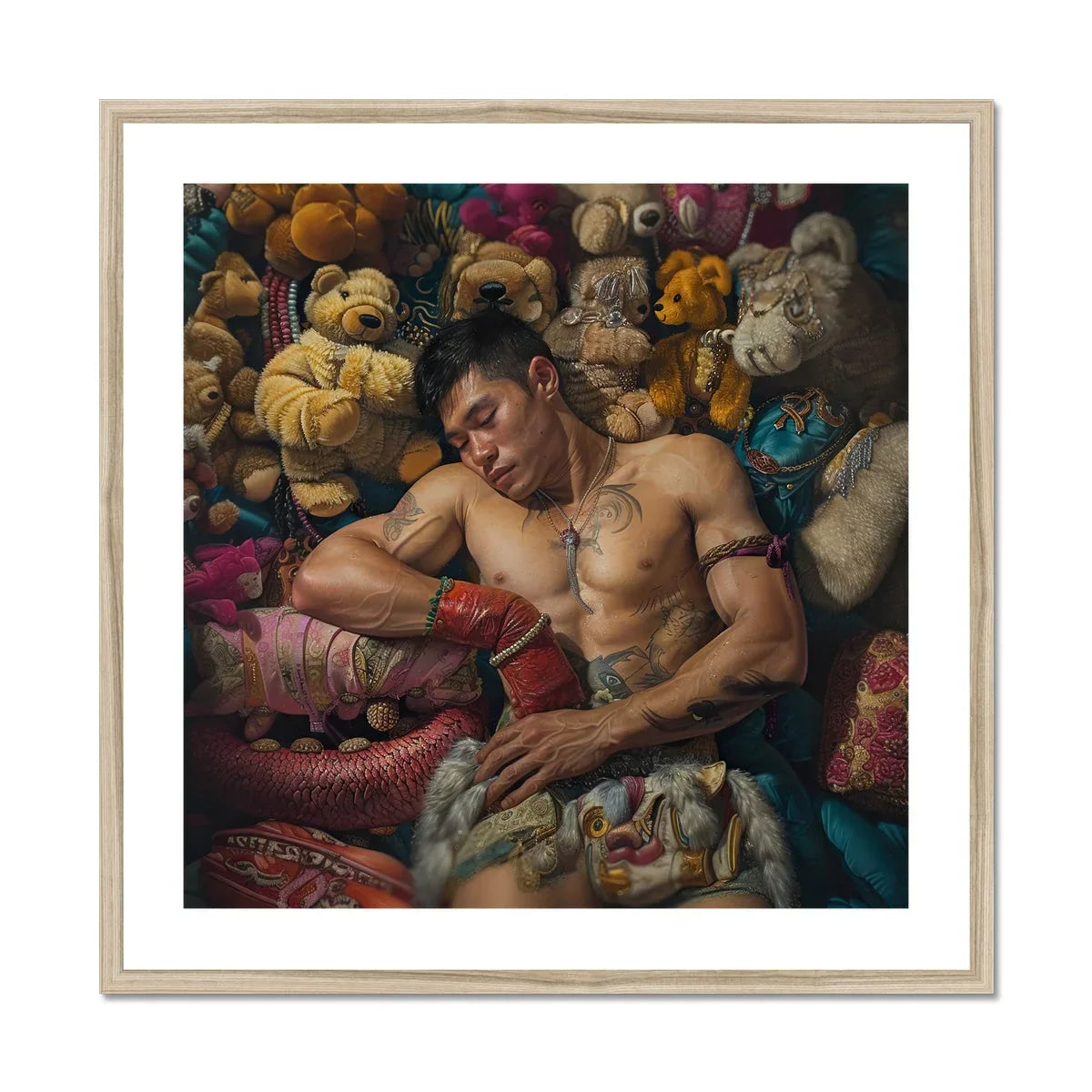 Tuckered out Lowbrow Gaysian Circus Performer Art Print, Shirtless Person Peacefully Among Colorful Stuffed Animals Plush