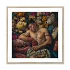Tuckered out Lowbrow Gaysian Circus Performer Art Print, Shirtless Person Peacefully Among Colorful Stuffed Animals Plush