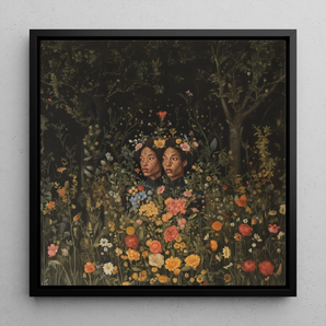 Tuned in - Black Transgender Twins Art Framed Canvas, 12x12’’ / 31x31cm / Floating Frame, Framed Floral Portrait Two Women