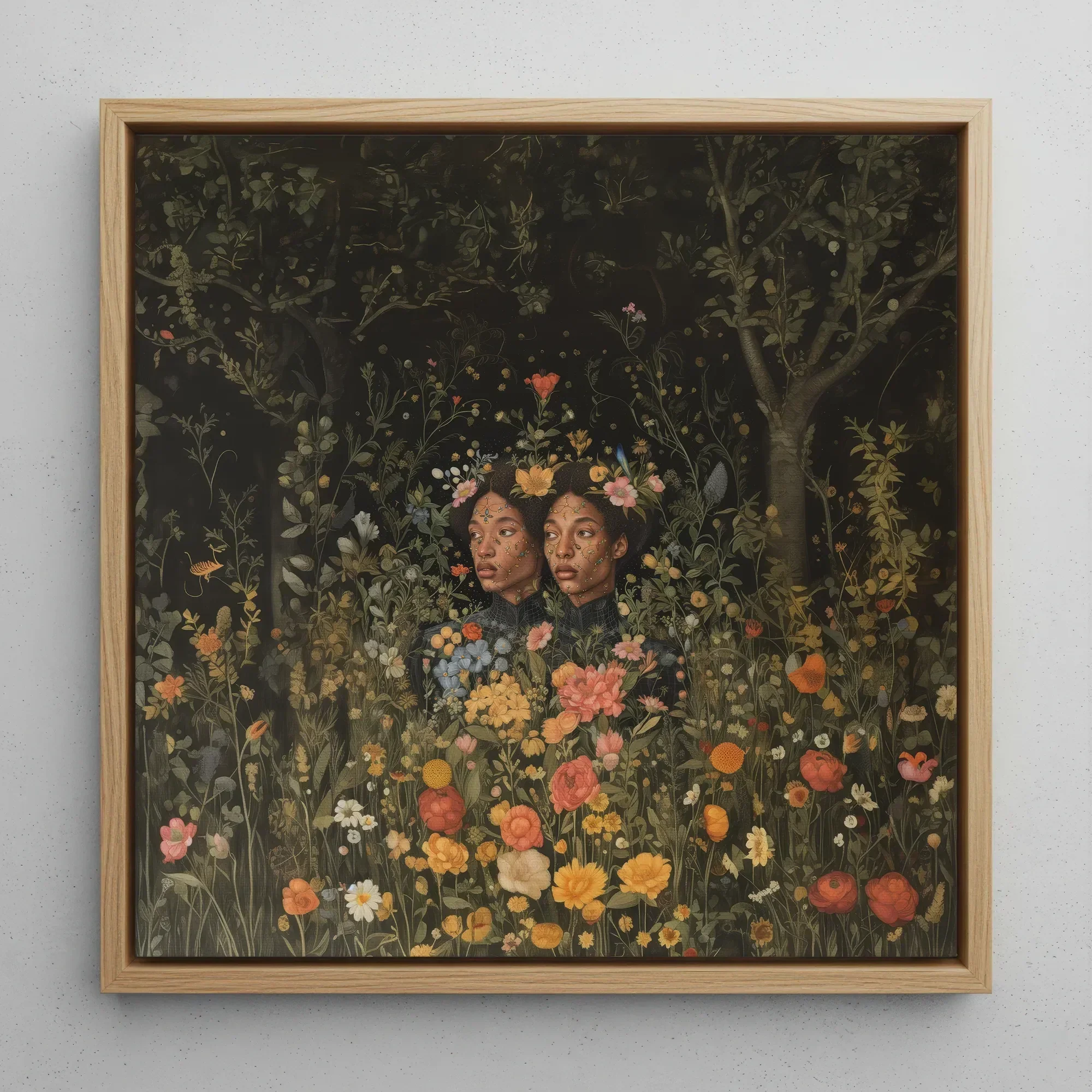 Tuned in - Black Transgender Twins Art Framed Canvas, 12x12’’ / 31x31cm / Natural Floating Frame, Framed Painting Two Women Surrounded Lush
