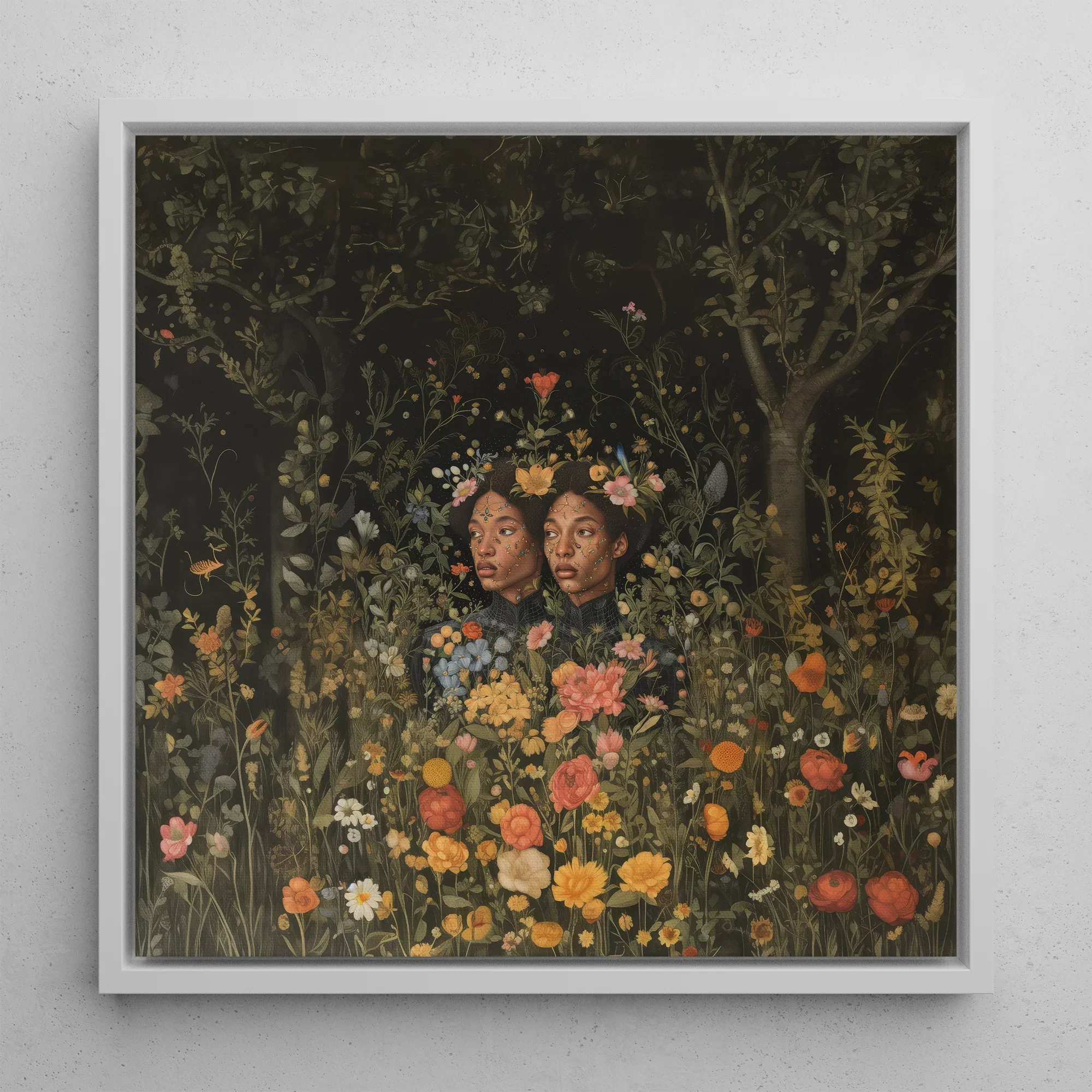 Tuned in Black Transgender Twins Art Framed Canvas, 12x12’’ / 31x31cm / White Floating Frame, Framed Floral Portrait Two Women