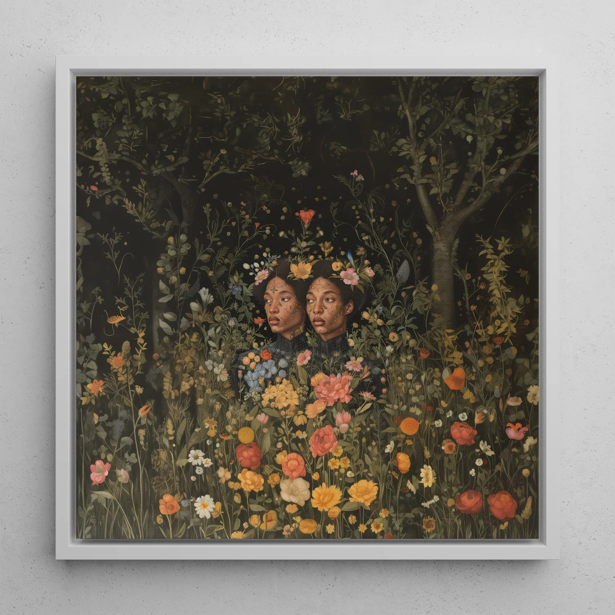 Tuned in - Black Transgender Twins Art Framed Canvas, 12’’x12’’ / White Floating Frame, Framed Floral Portrait Two Women