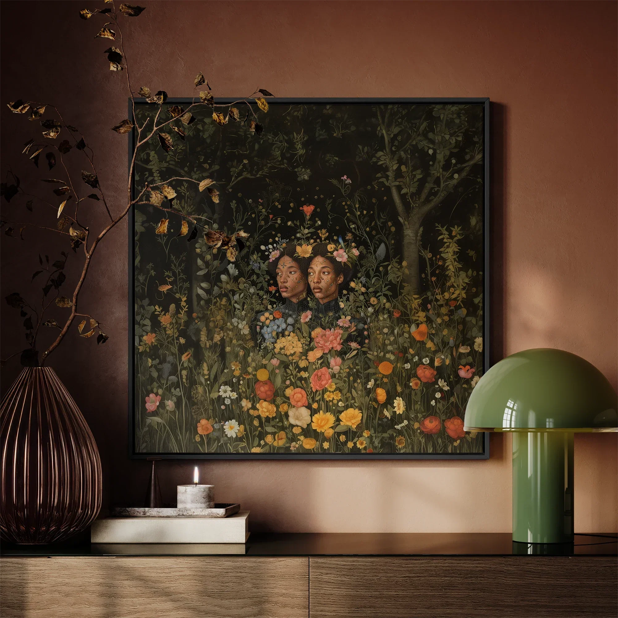 Tuned in - Black Transgender Twins Art Framed Canvas, Framed Floral Portrait Two Women