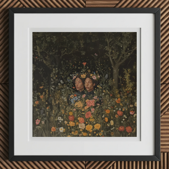 Tuned in - Black Transgender Twins Art Print, 12x12’’ / 31x31cm / Frame / 2’’ Matboard, Framed Painting Two Women Vibrant Flower Garden