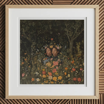 Tuned in - Black Transgender Twins Art Print, 12x12’’ / 31x31cm / Natural Frame / 2’’ Matboard, Framed Artwork Two Women Garden Colorful