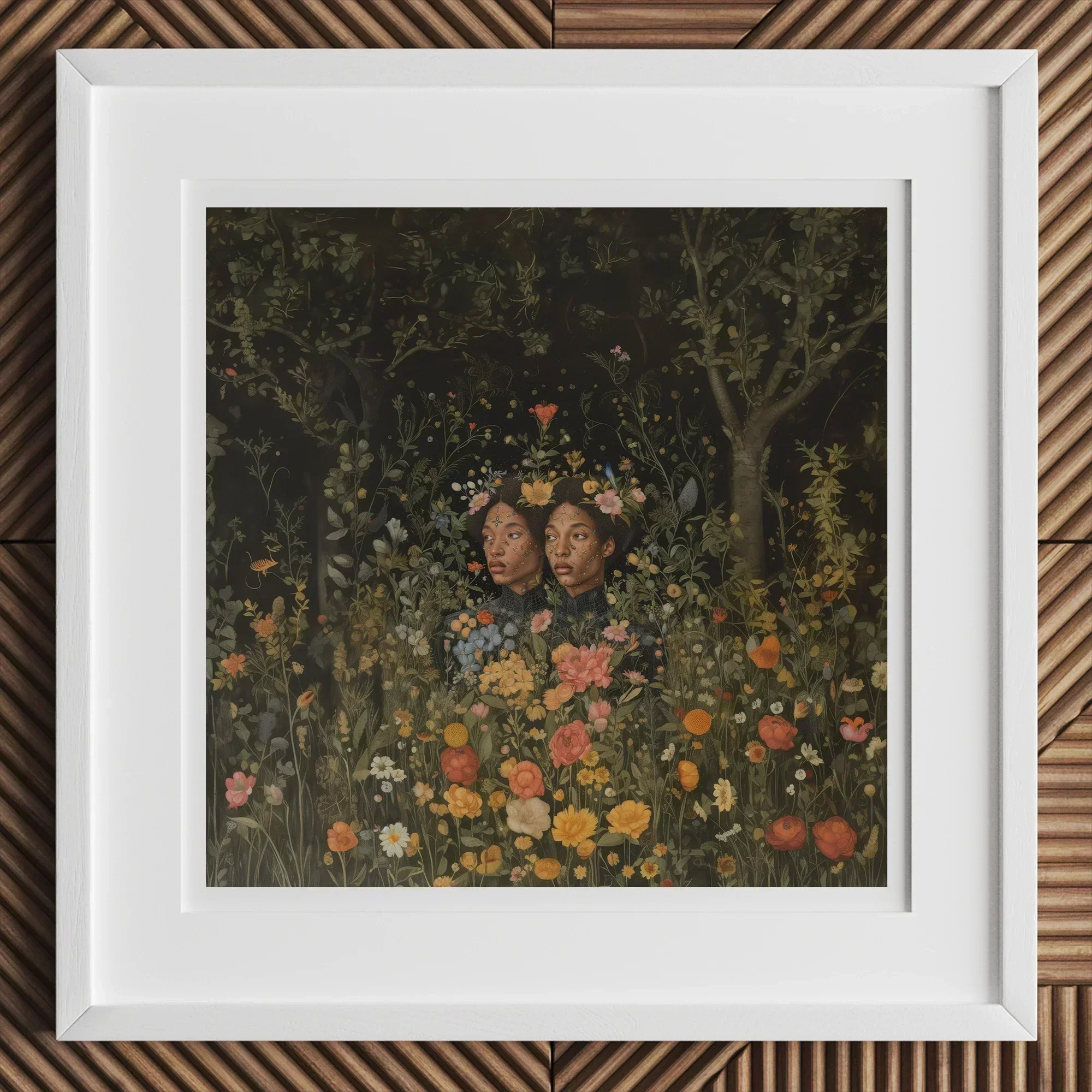 Tuned in - Black Transgender Twins Art Print, 12x12’’ / 31x31cm / White Frame / 2’’ Matboard, Framed Artwork Two Figures Surrounded