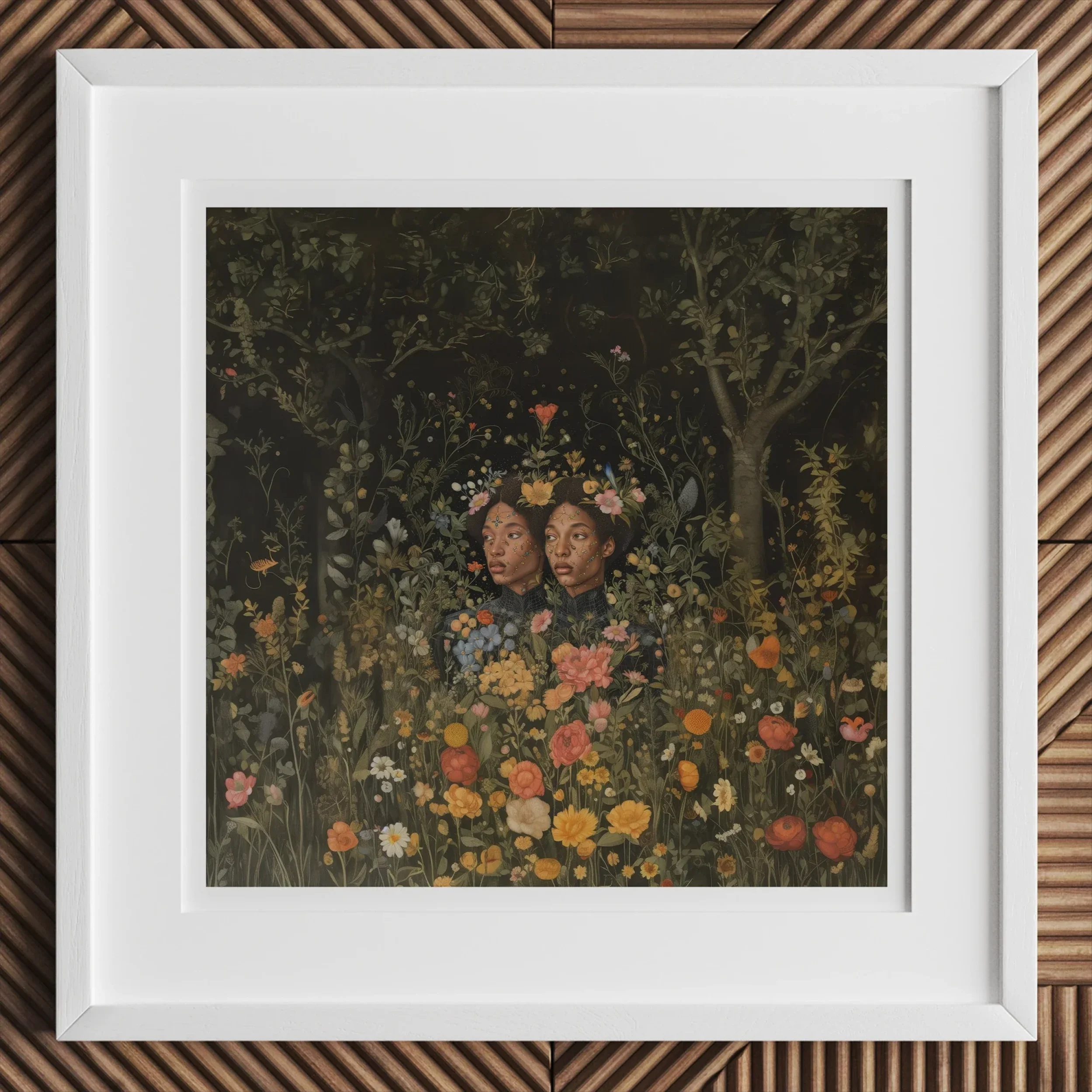 Tuned in - Black Transgender Twins Art Print, 12x12’’ / 31x31cm / White Frame / 2’’ Matboard, Framed Artwork Two Figures Surrounded