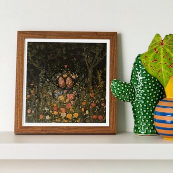Tuned in - Black Transgender Twins Art Print / Canvas Framed Artwork Dark Garden Scene Orange Yellow Flowers Black Girl Magic, Ethereal