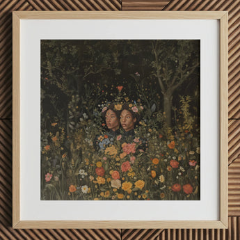 Tuned in - Black Transgender Twins Art Print / Canvas Square-framed Art Print Detailed Illustration Two Figures Surrounded Black Girl