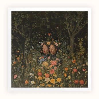 Tuned in - Black Transgender Twins Art Print / Canvas Two Figures Surrounded Colorful Wildflowers Foliage Dark Garden Black Girl Magic,