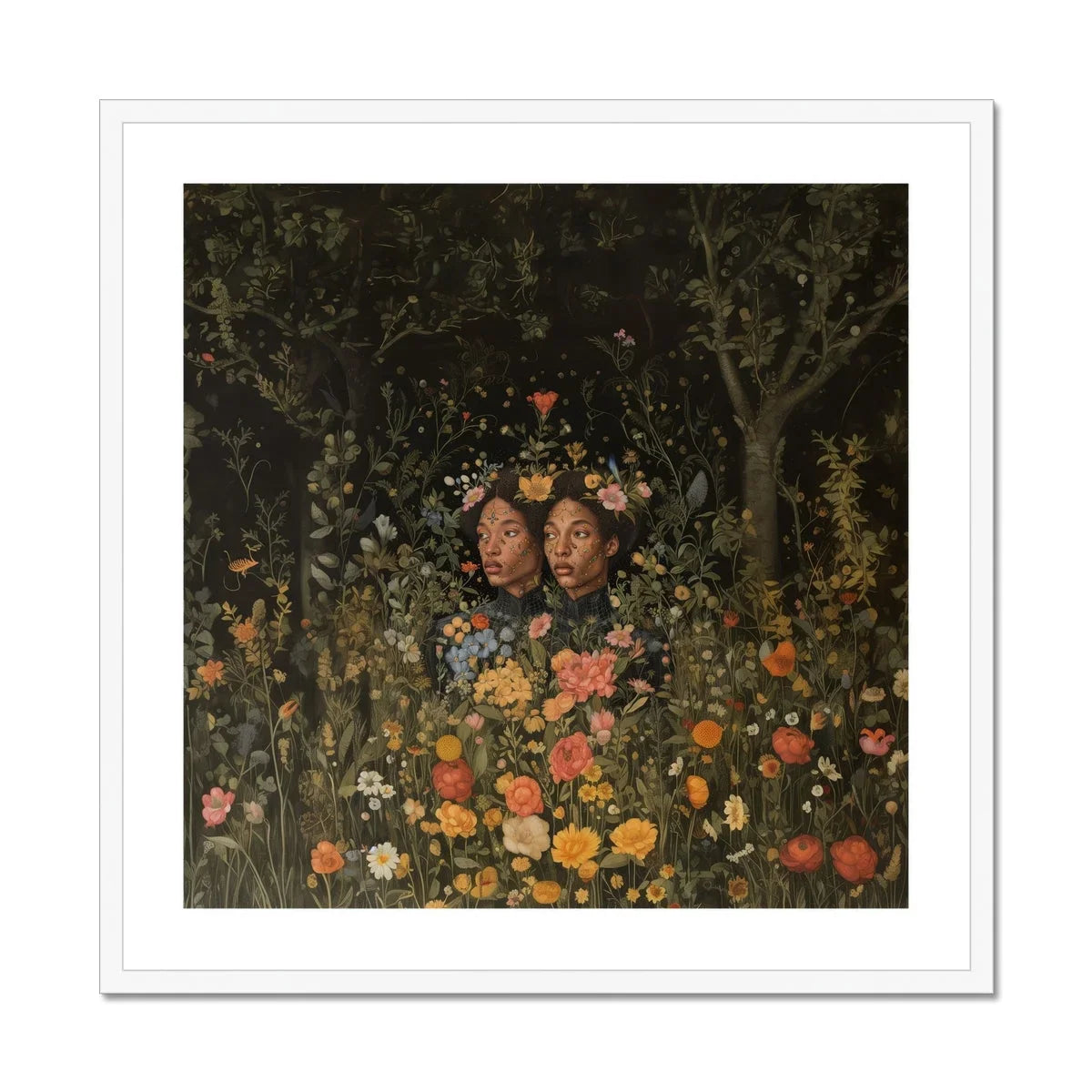 Tuned in Black Transgender Twins Art Print, Framed Artwork Two Figures Surrounded Colorful Wildflowers Foliage