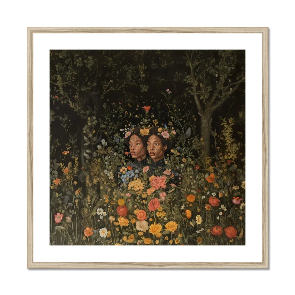 Tuned in Black Transgender Twins Art Print, Framed Artwork Two Figures Surrounded Colorful Wildflowers Foliage
