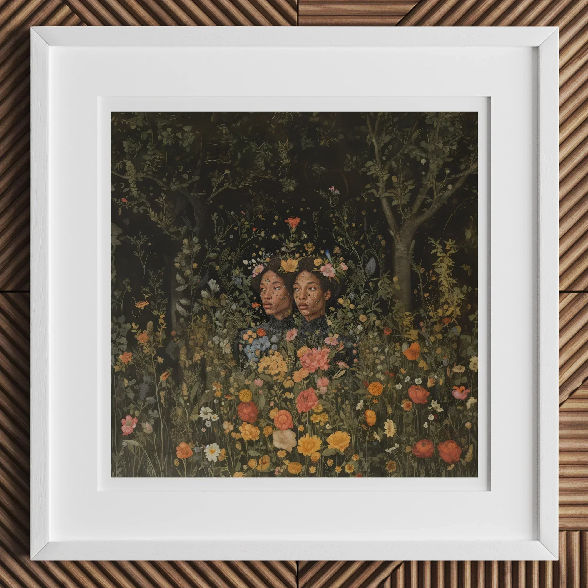 Tuned in - Black Transgender Twins Art Print, Framed Artwork Two Figures Surrounded Wildflowers Foliage Dark