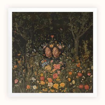 Tuned in - Black Transgender Twins Art Print, Two Figures Surrounded Colorful Wildflowers Foliage Dark Garden