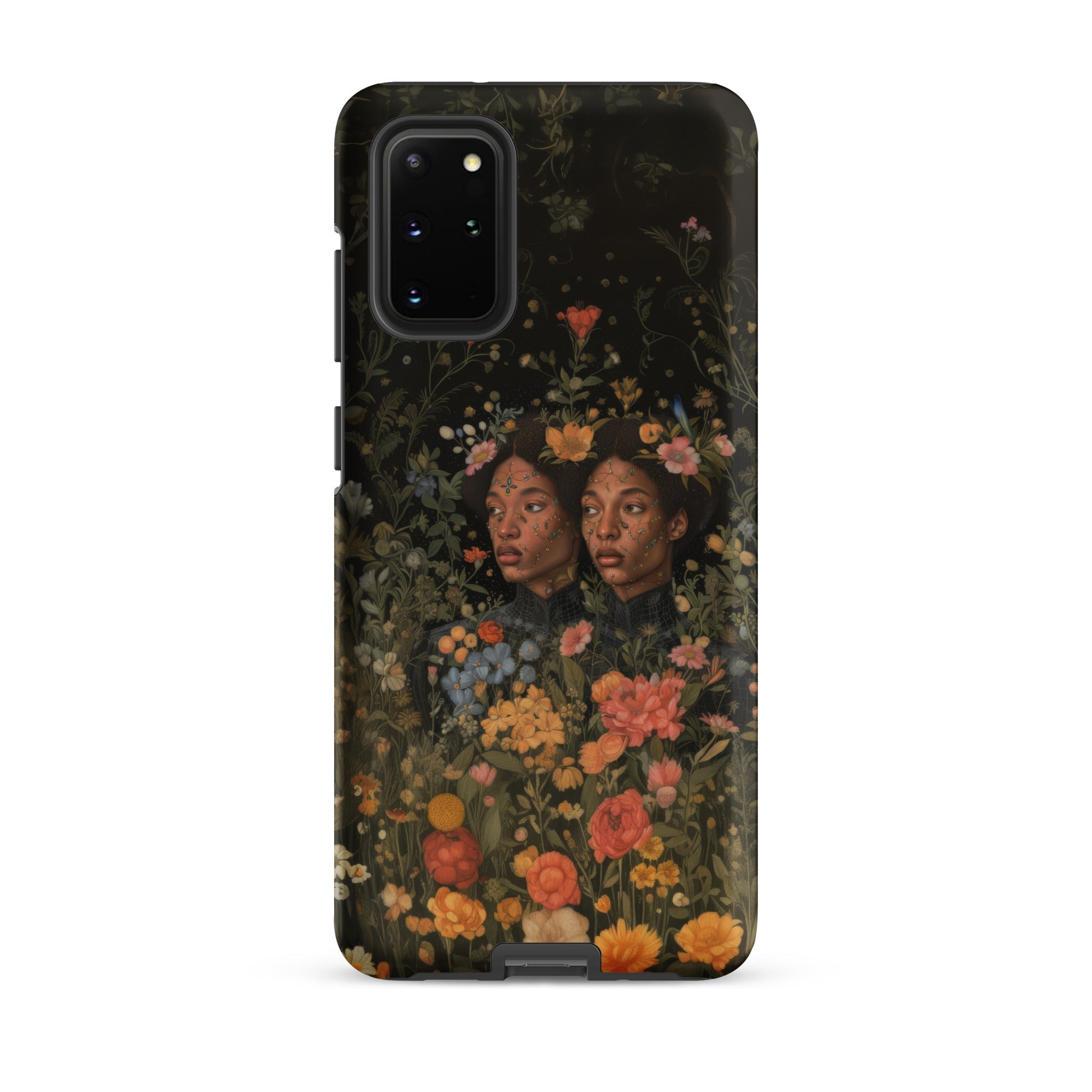 Tuned in Black Transgender Twins Samsung Case, Galaxy S20 Plus / Matte, Black Smartphone Case Detailed Floral Painting Two Figures