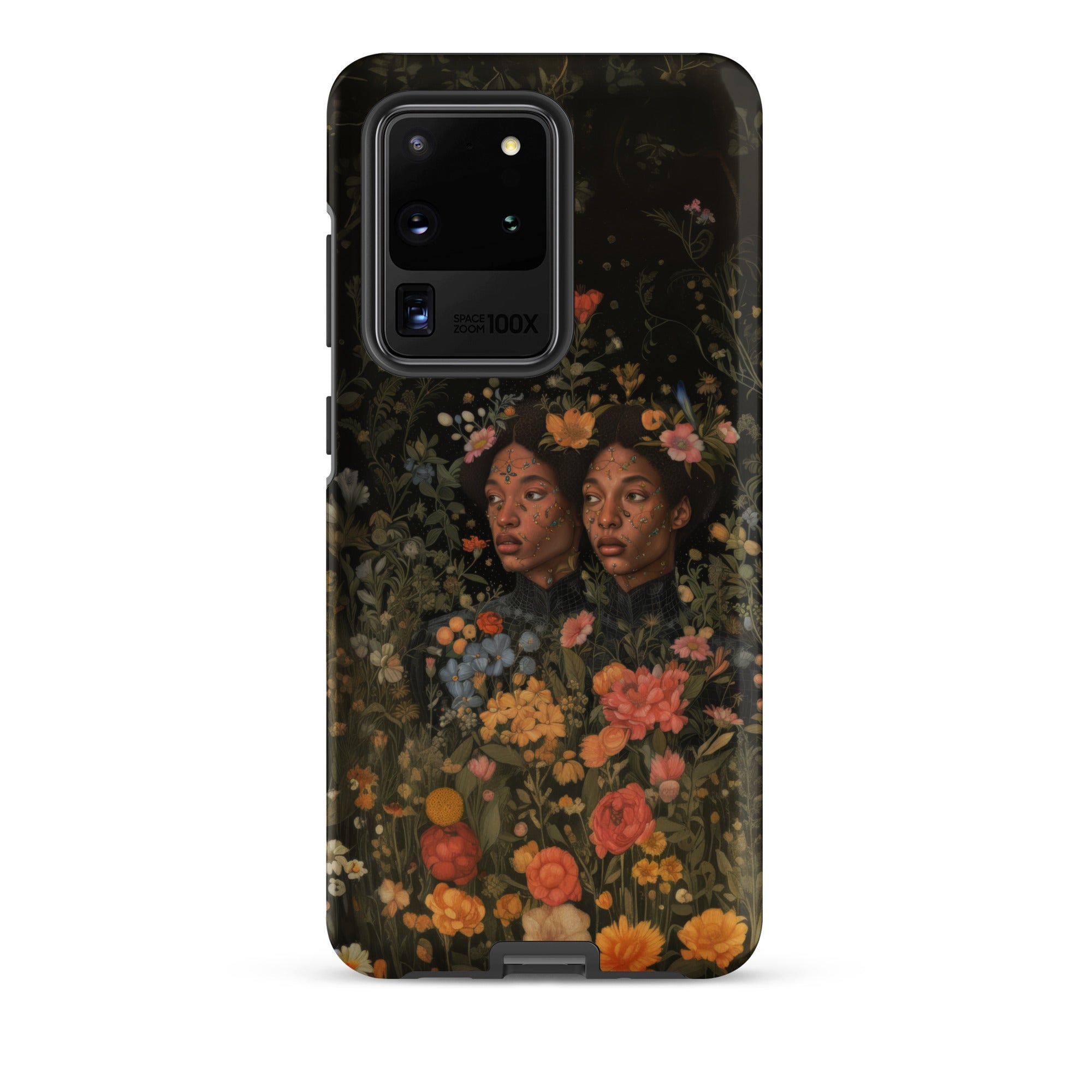Tuned in Black Transgender Twins Samsung Case, Galaxy S20 Ultra / Matte, Black Smartphone Case Vibrant Floral Design Two Women’s