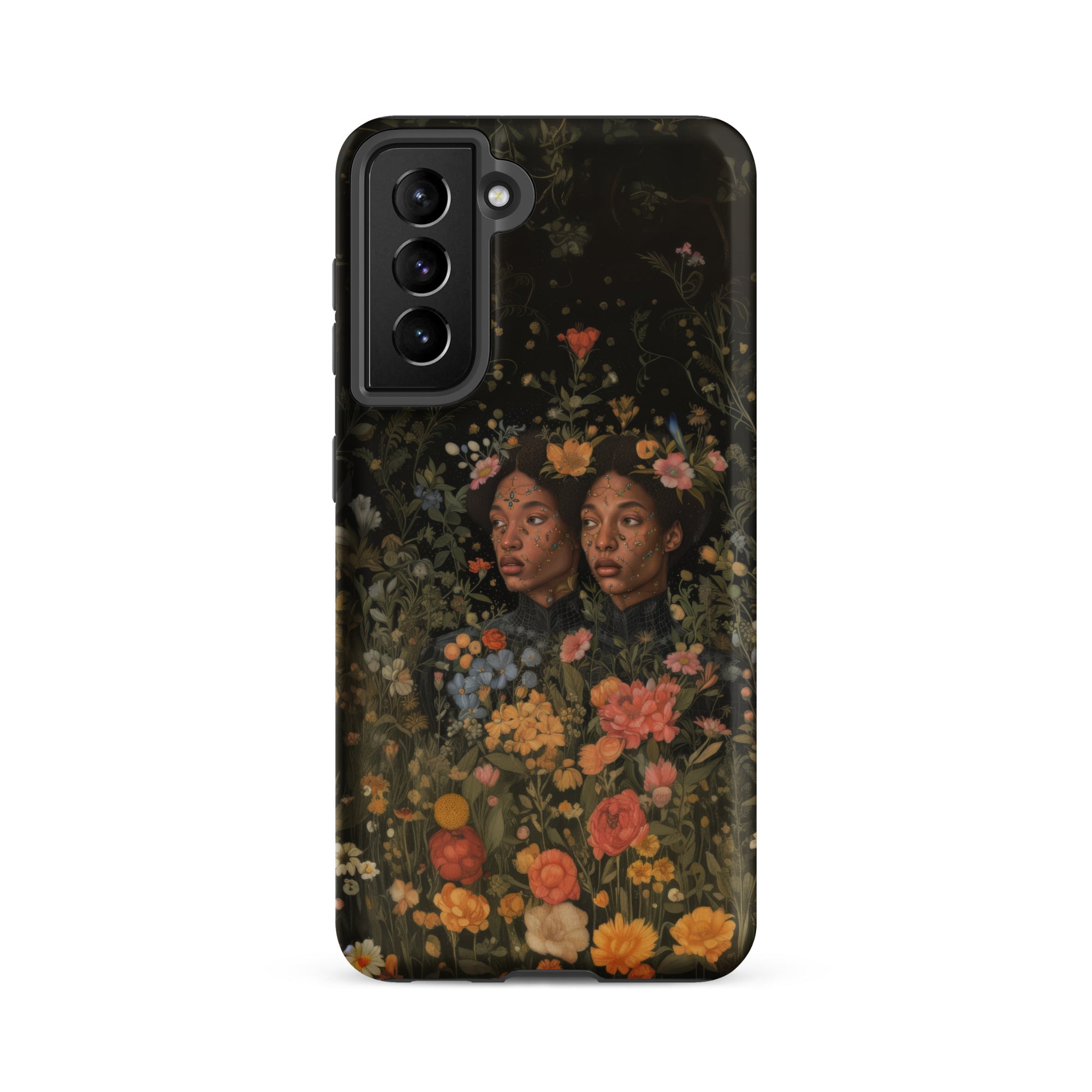 Tuned in Black Transgender Twins Samsung Case, Galaxy S21 Fe / Matte, Smartphone Case Dark Floral Design Two Women’s Faces
