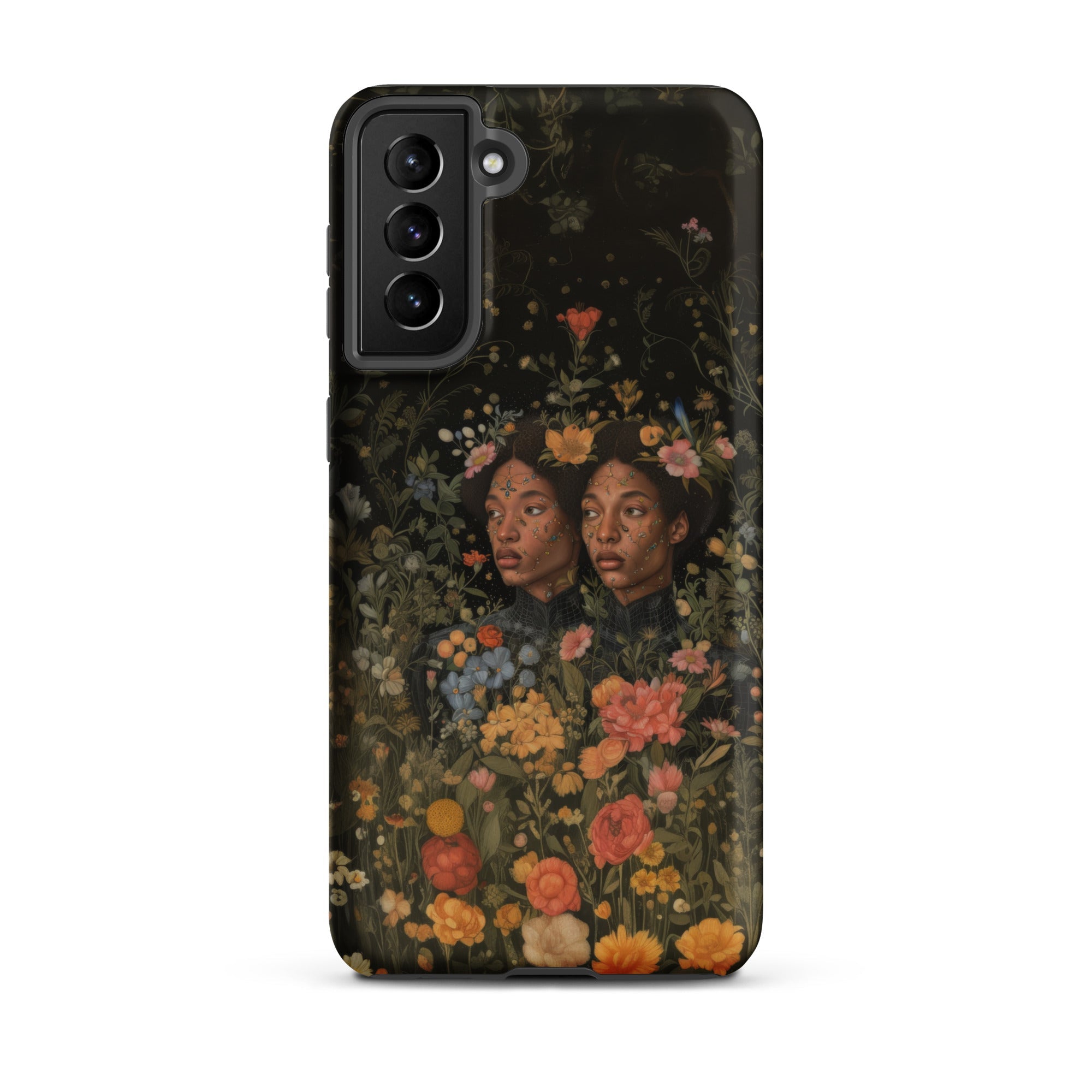 Tuned in Black Transgender Twins Samsung Case, Galaxy S21 Plus / Matte, Smartphone Case Dark Floral Art Design Two Figures