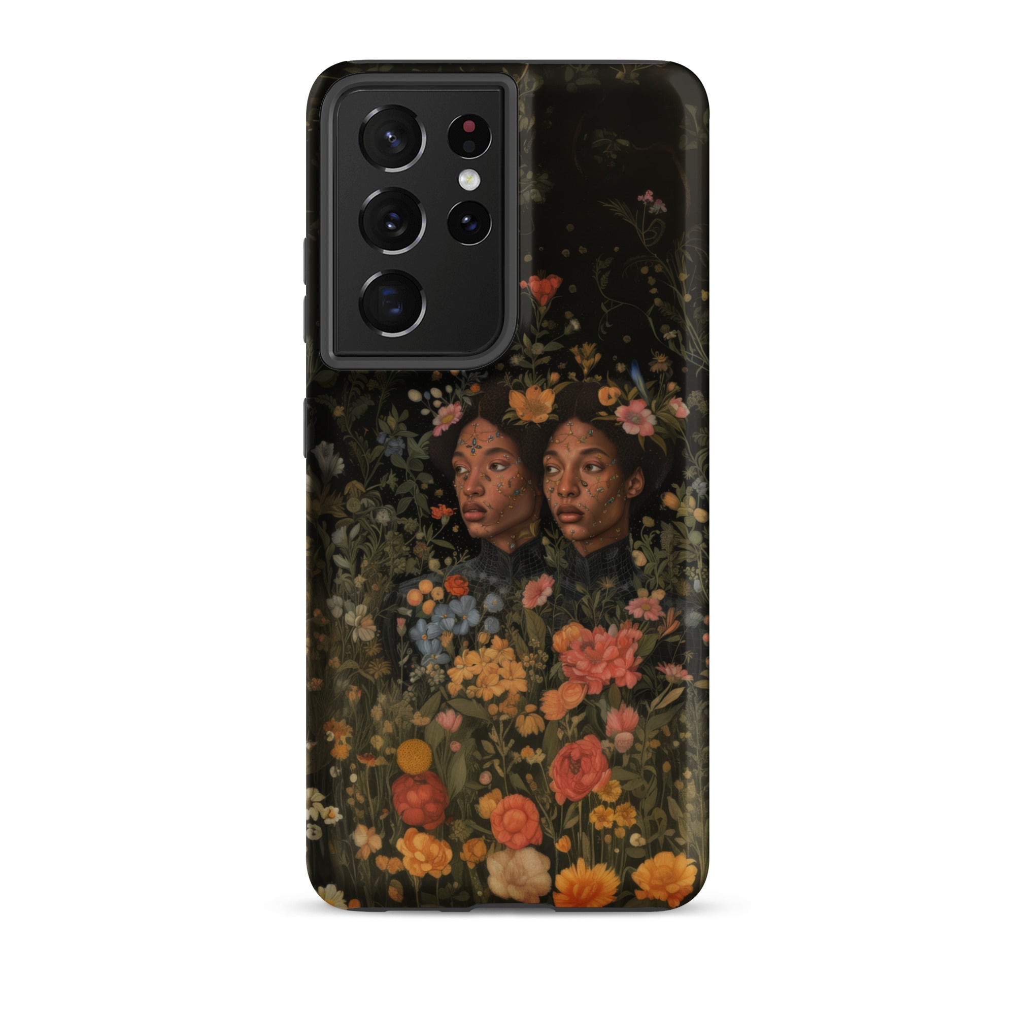 Tuned in Black Transgender Twins Samsung Case, Galaxy S21 Ultra / Matte, Smartphone Case Dark Floral Themed Illustration Two Figures Amidst