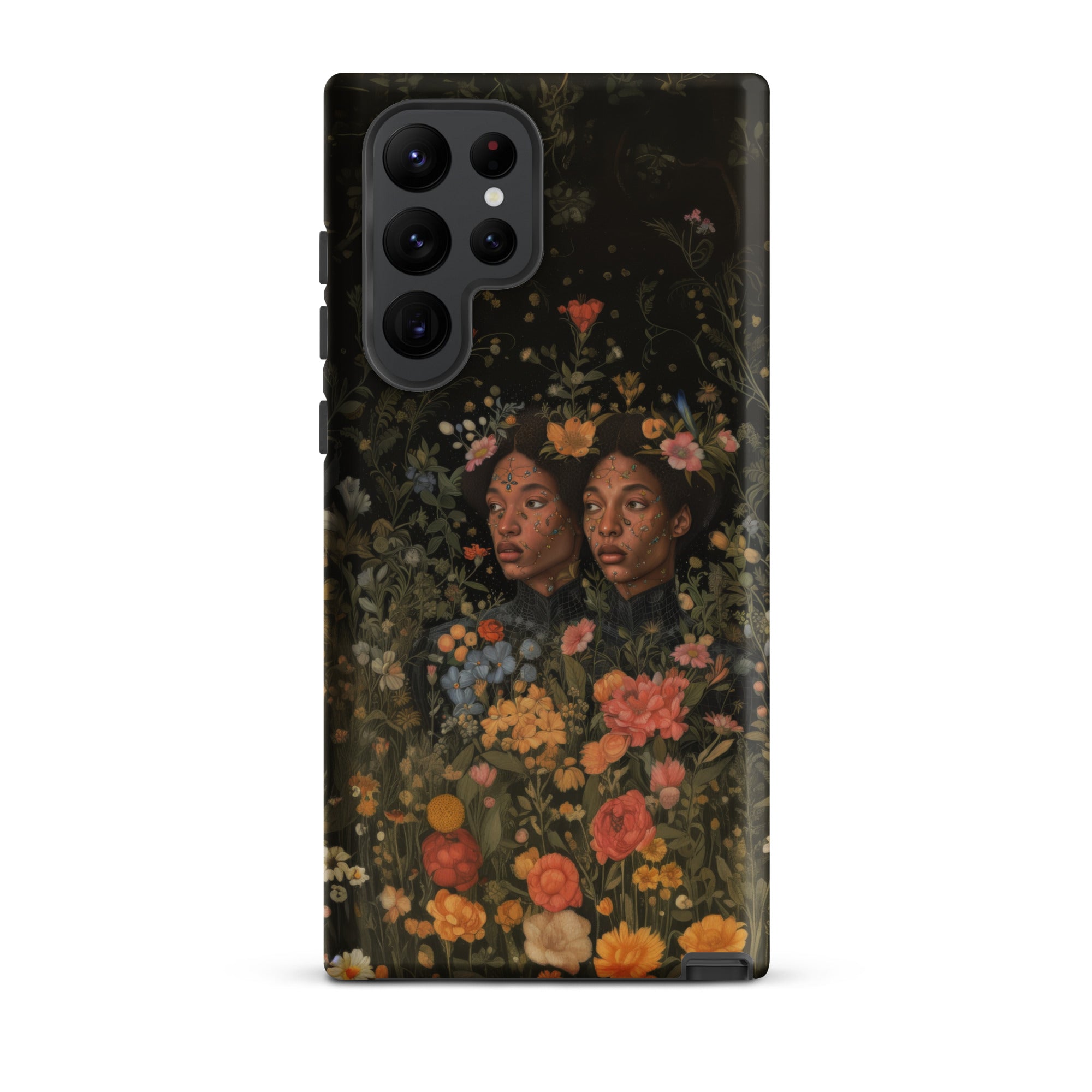 Tuned in Black Transgender Twins Samsung Case, Galaxy S22 Ultra / Matte, Black Smartphone Case Dark Floral Painting Two Faces