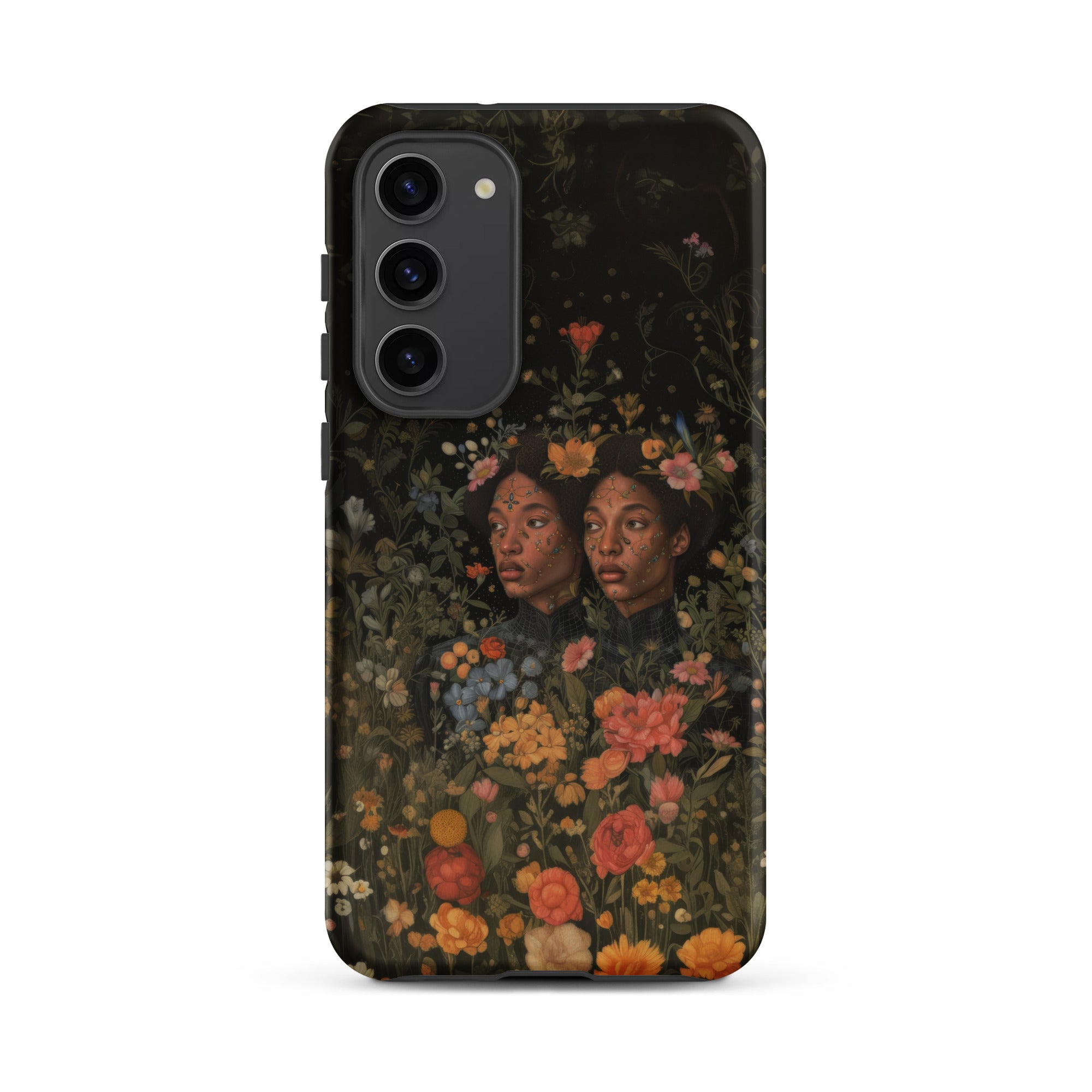 Tuned in Black Transgender Twins Samsung Case, Galaxy S23 Plus / Matte, Smartphone Case Dark Floral Art Print Two Faces