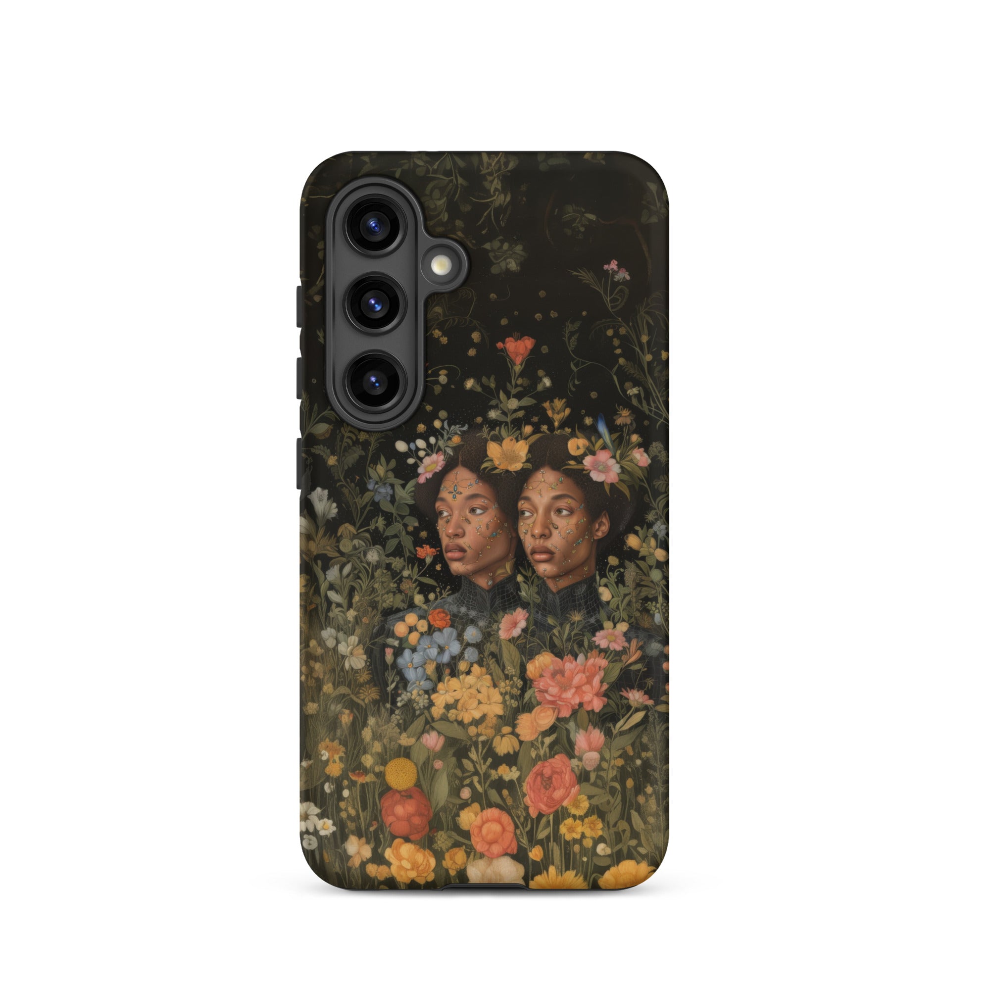 Tuned in Black Transgender Twins Samsung Case, Galaxy S24 / Matte, Black Smartphone Case Vibrant Floral Design Two Faces