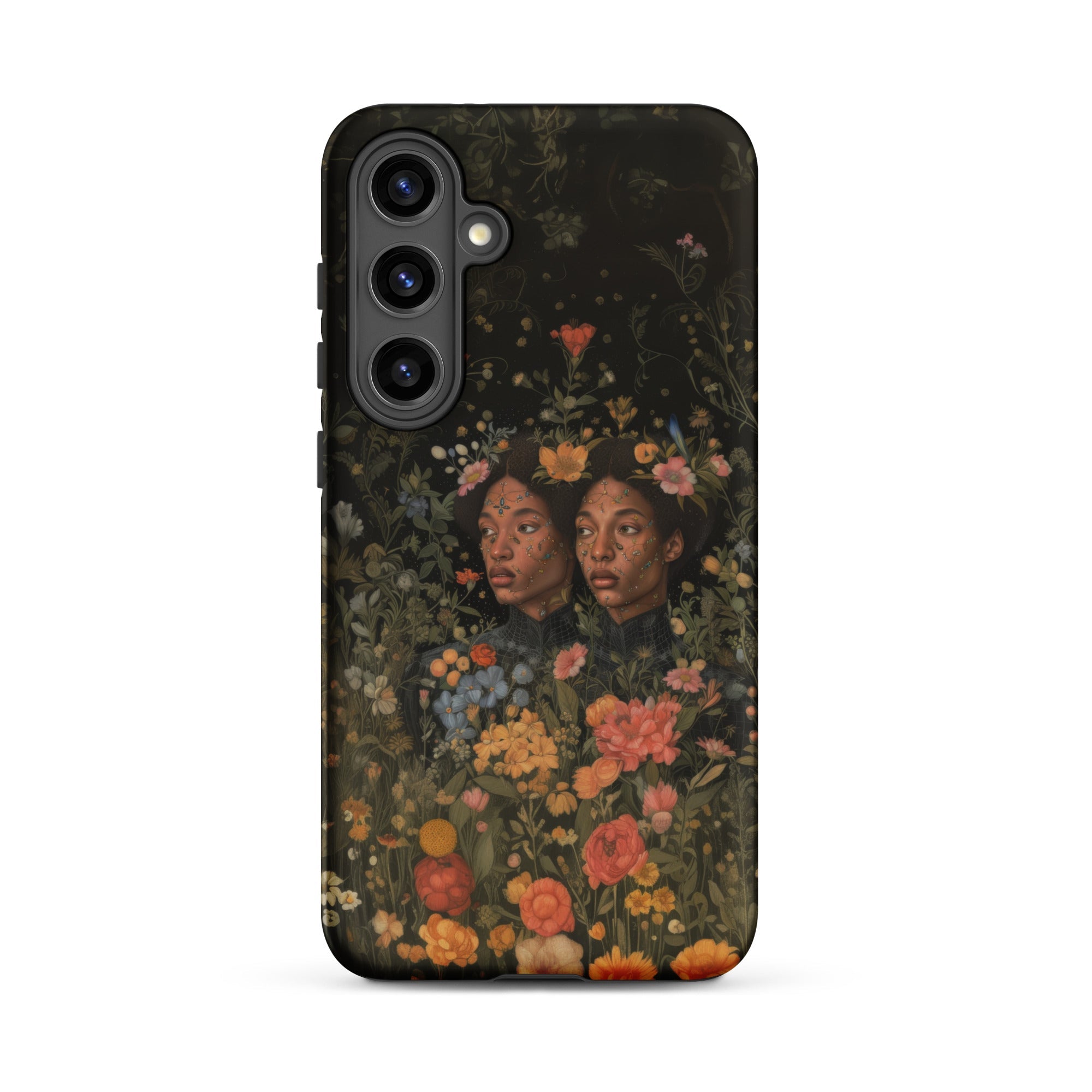 Tuned in Black Transgender Twins Samsung Case, Galaxy S24 Plus / Matte, Black Smartphone Case Dark Floral Painting Two Women