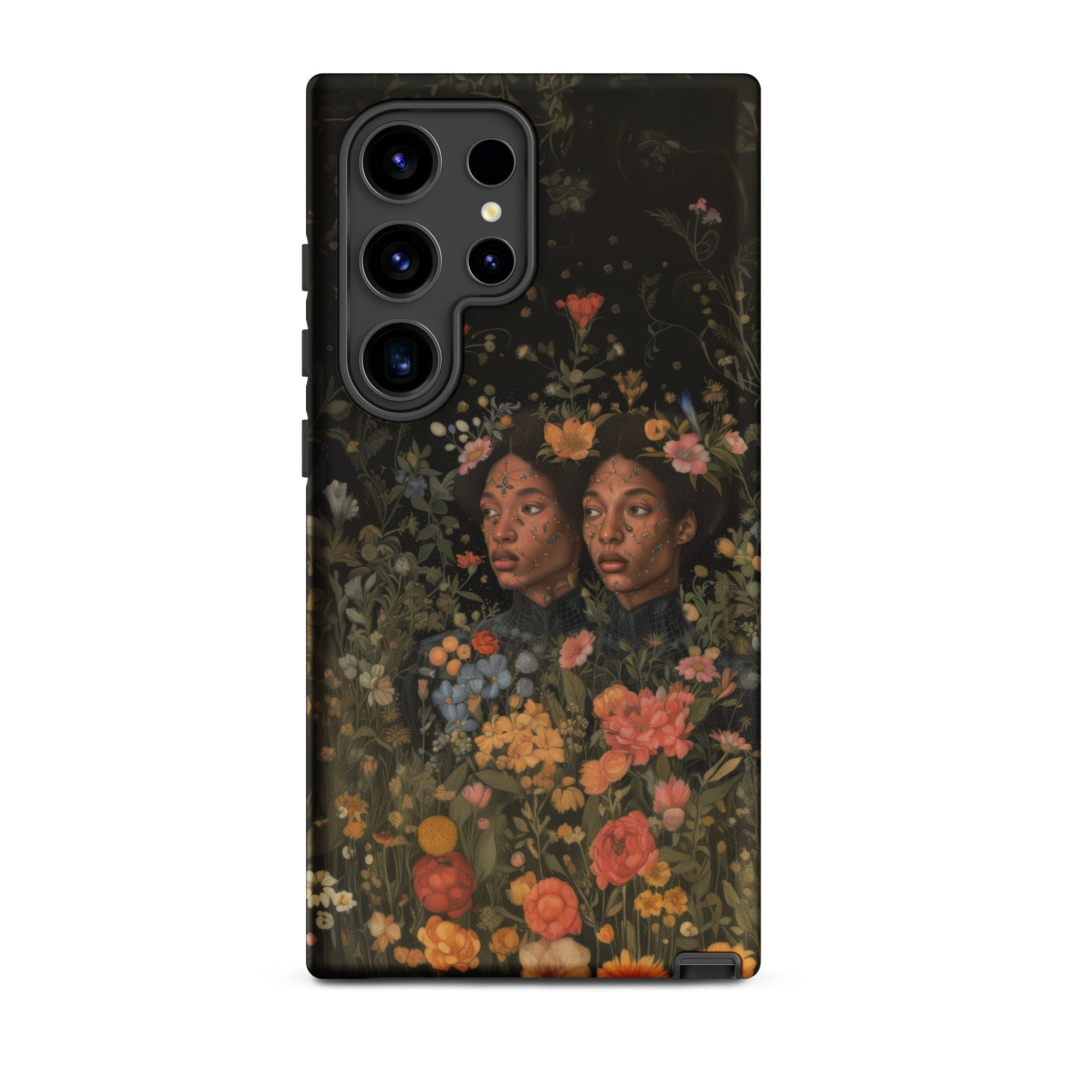Tuned in Black Transgender Twins Samsung Case, Galaxy S24 Ultra / Matte, Black Smartphone Case Dark Floral Painting Two Women