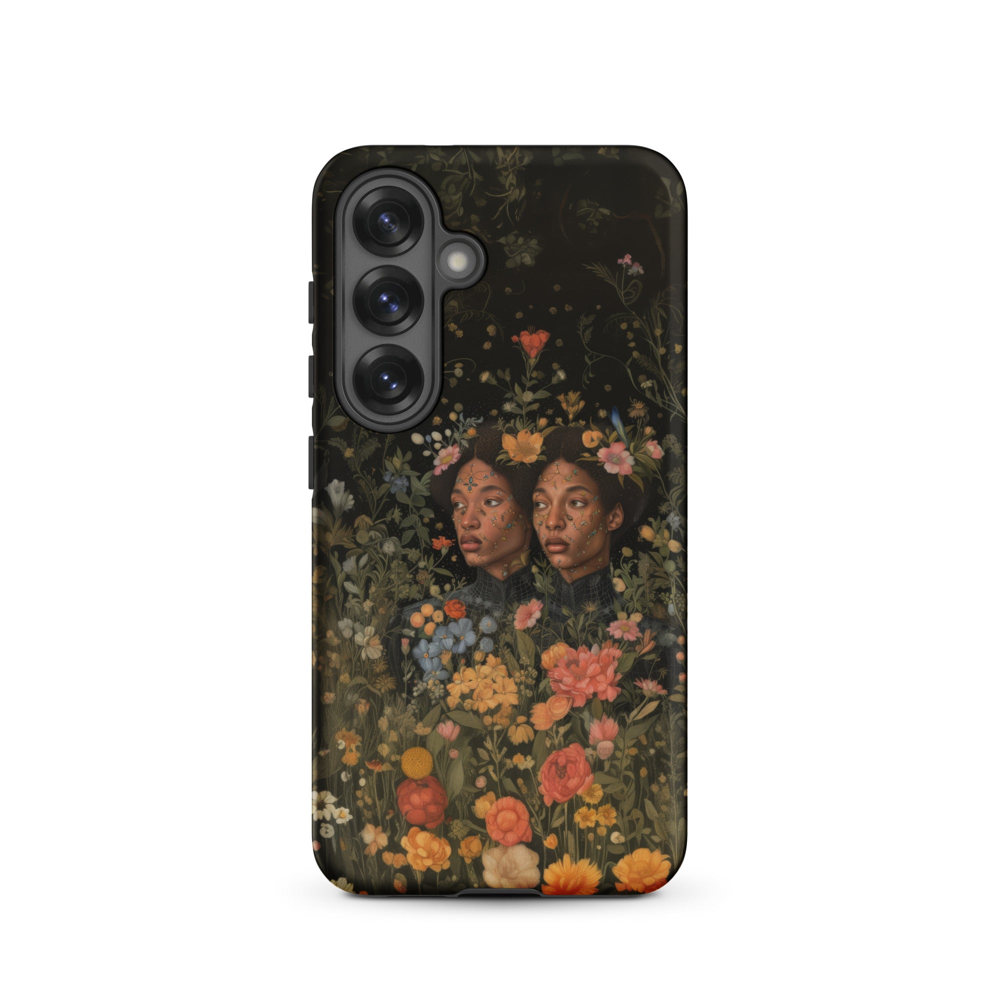 Tuned in Black Transgender Twins Samsung Case, Galaxy S25 / Matte, Dark Colored Smartphone Case Vibrant Floral Design Two Faces