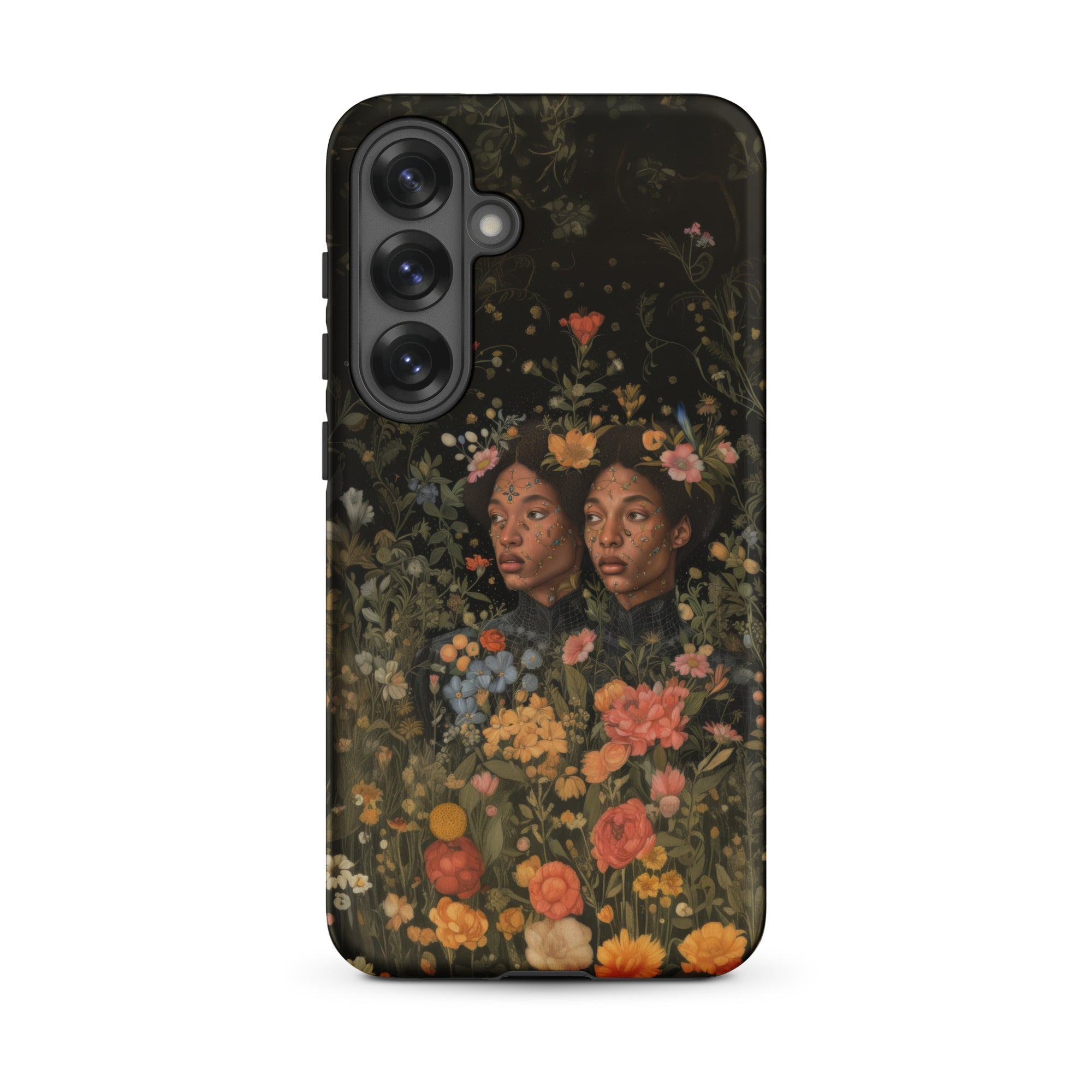 Tuned in Black Transgender Twins Samsung Case, Galaxy S25 Plus / Matte, Black Phone Case Vibrant Floral Portrait Design