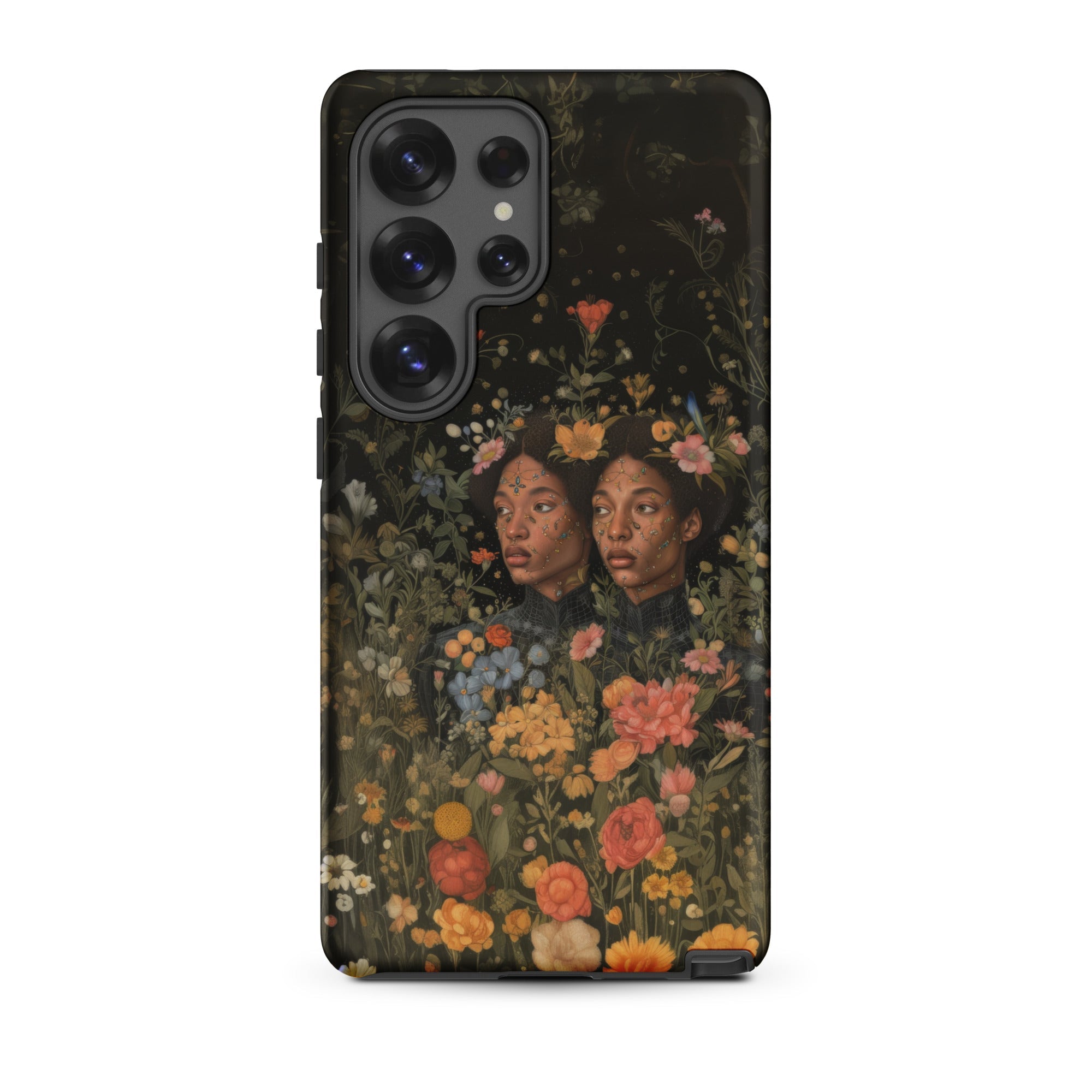 Tuned in Black Transgender Twins Samsung Case, Galaxy S25 Ultra / Matte, Smartphone Case Dark Floral Themed Illustration Two Figures