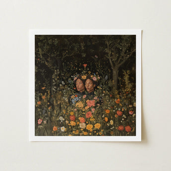 Tuned in - Black Transgender Twins Art Print / Canvas Square-framed Two Figures Surrounded Vibrant Dense Girl Magic, Ethereal Floral Twin,