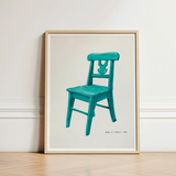 Turquoise Chair - Majel G. Claflin Decorative Art Print / Canvas Teal Wooden Illustration Light Wood Frame Decor, Prints