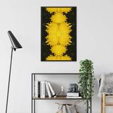 Tweedledee - Chrysanthemum Op Art Framed Canvas, Abstract Yellow Symmetrical Pattern Dark Background Framed Wall