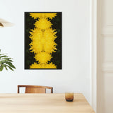Tweedledee - Chrysanthemum Op Art Framed Canvas, Yellow Floral Symmetrical Artwork Mounted Dark Background