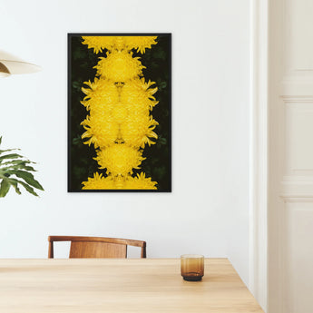 Tweedledee - Chrysanthemum Op Art Framed Canvas, Yellow Floral Symmetrical Artwork Mounted Dark Background