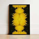 Vibrant Yellow Floral Artwork Symmetrical Kaleidoscopic Design Set Chrysanthemum Photography, Botanical Dreamscape, Art Nouveau