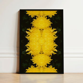 Vibrant Yellow Floral Artwork Symmetrical Kaleidoscopic Design Set Chrysanthemum Photography, Botanical Dreamscape, Art Nouveau