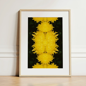 Tweedledee - Golden Chrysanthemum Op Art Print / Canvas Framed Art Print Symmetrical Kaleidoscopic Pattern Vibrant Yellow Chrysanthemum
