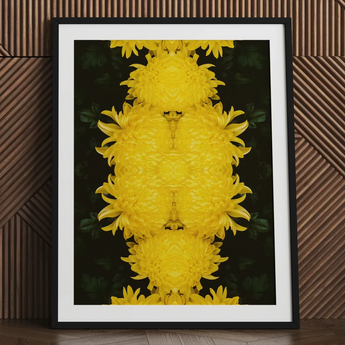Tweedledee - Golden Chrysanthemum Op Art Print / Canvas Framed Art Print Symmetrical Vibrant Yellow Chrysanthemum Composition Floral