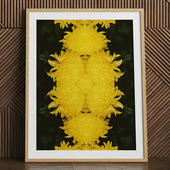 Tweedledee - Golden Chrysanthemum Op Art Print / Canvas Framed Art Print Symmetrical Vibrant Yellow Chrysanthemum Composition Floral