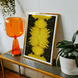 Tweedledee - Golden Chrysanthemum Op Art Print, Framed Artwork Bright Yellow Floral Abstract Design Dark