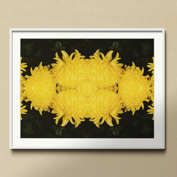 Tweedledee - Golden Chrysanthemum Op Art Print, Mirrored Yellow Chrysanthemum Flowers Symmetrical Pattern