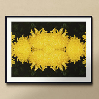 Tweedledee - Golden Chrysanthemum Op Art Print, Mirrored Yellow Chrysanthemum Flowers Symmetrical Pattern